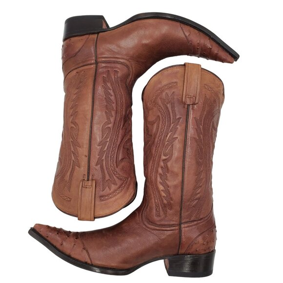 Cowboy Boots 8M Brown Ostrich Pointed Toe Leather Cowboy Western Black Rooster - Picture 11 of 16